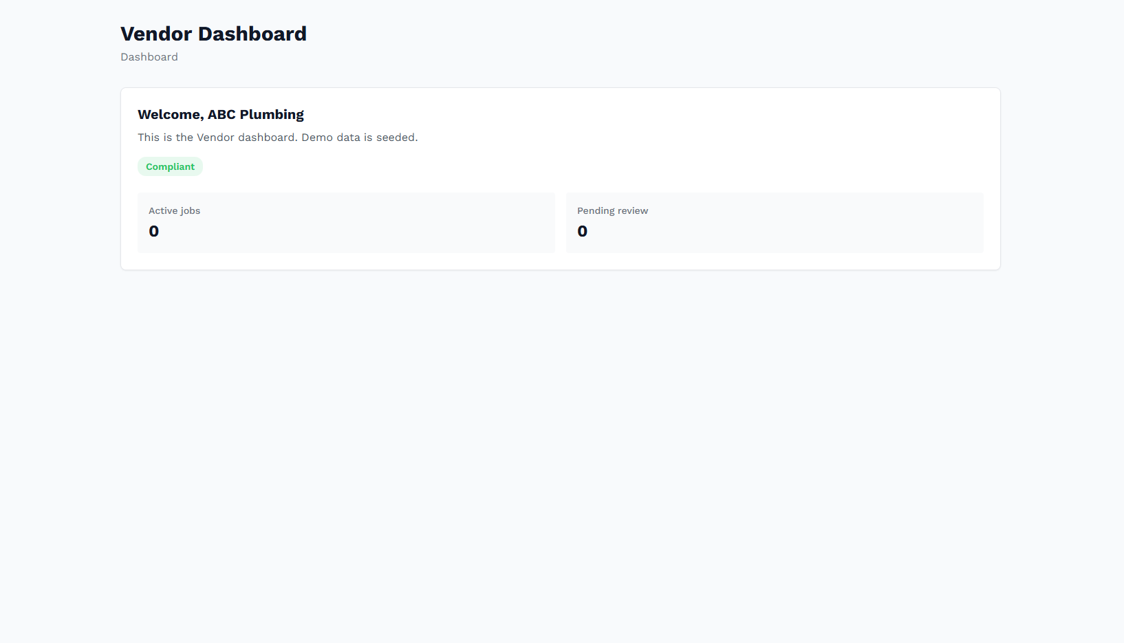 Vendor dashboard: work requests, assigned jobs, and insurance status. 4:3, ~800×600px.
